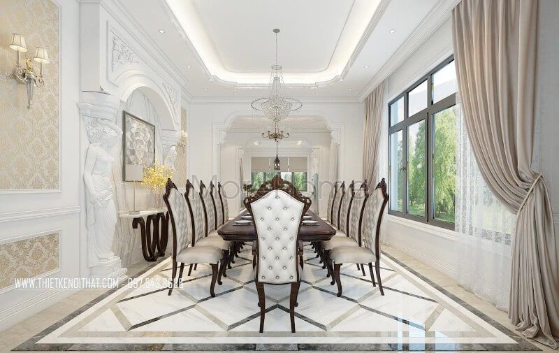 Mẫu thiết kế nội thất phòng ăn của biệt thự cao cấp theo phong cách tân cổ điển.