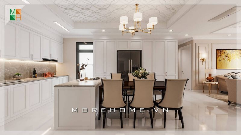 Mẫu thiết kế nội thất phòng ăn liền bếp được thiết kế để tiện nghi và thuận tiện cho việc nấu nướng, phù hợp với các không gian nhà chung cư cao cấp, biệt thự, nhà phố để phục vụ nhu cầu sinh hoạt.