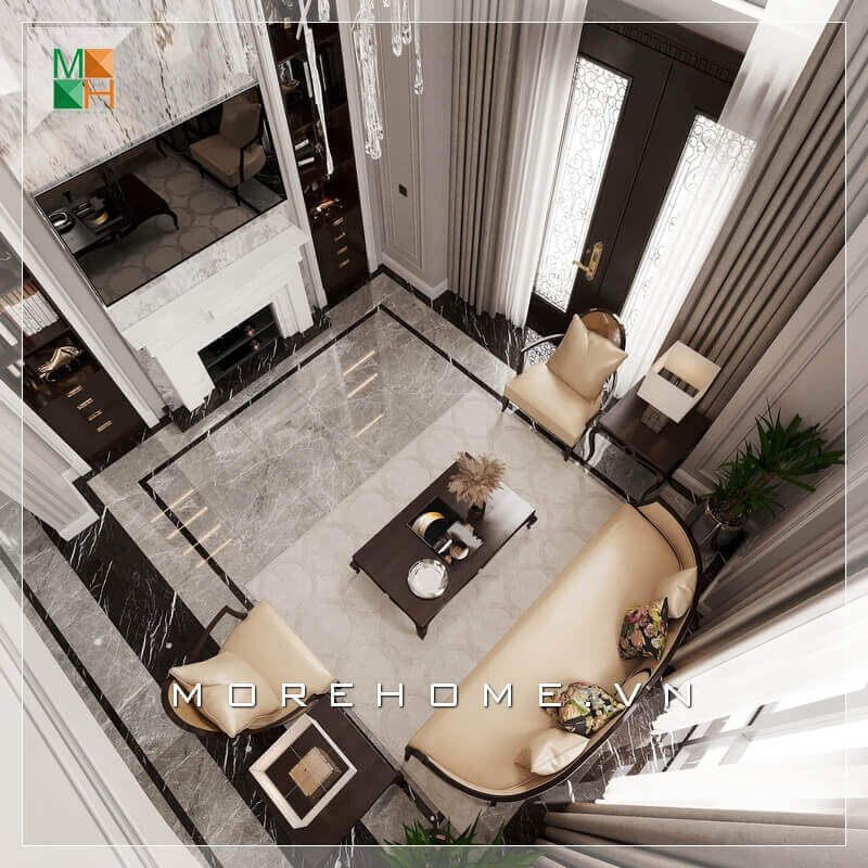 Bàn ghế sofa phòng khách có thiết kế sang trọng với chất liệu bàn gỗ tự nhiên cao cấp và bộ ghế sofa bọc da chân ghế gỗ tự nhiên, tạo nên một không gian phòng khách đẳng cấp và tinh tế.